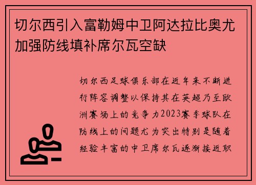 切尔西引入富勒姆中卫阿达拉比奥尤加强防线填补席尔瓦空缺 切尔西引入富勒姆中卫阿达拉比奥尤加强防线填补席尔瓦空缺